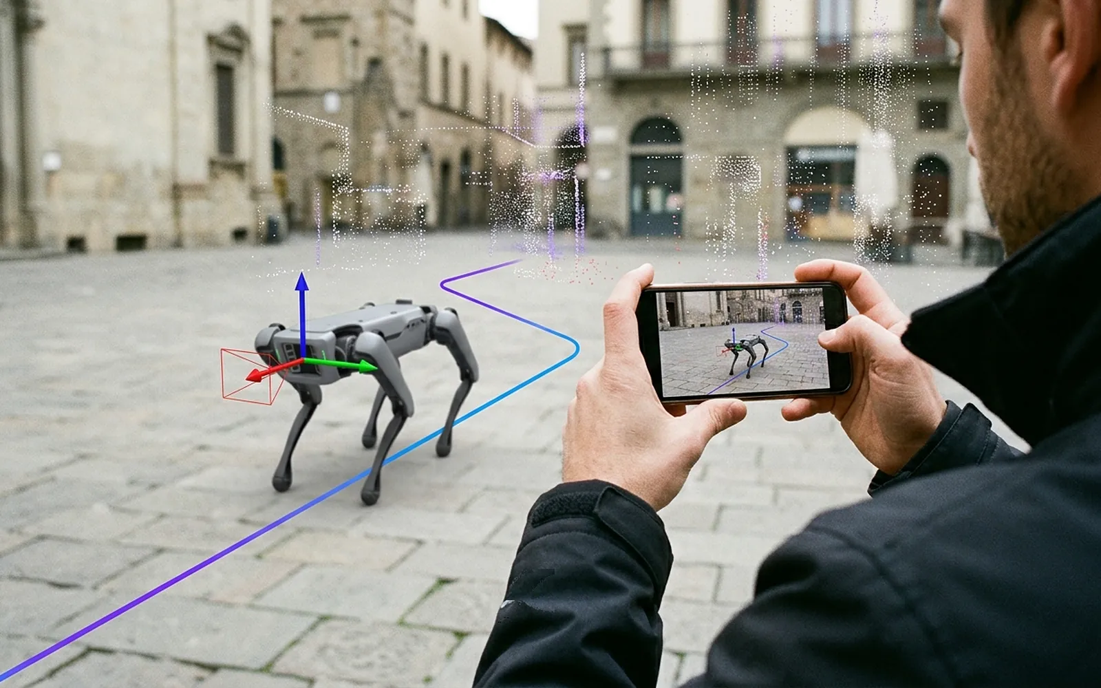 Illustration: a quadruped robot and a smartphone localized on the same 3D point cloud in a stone city square, with 6DoF pose axes and trajectory
