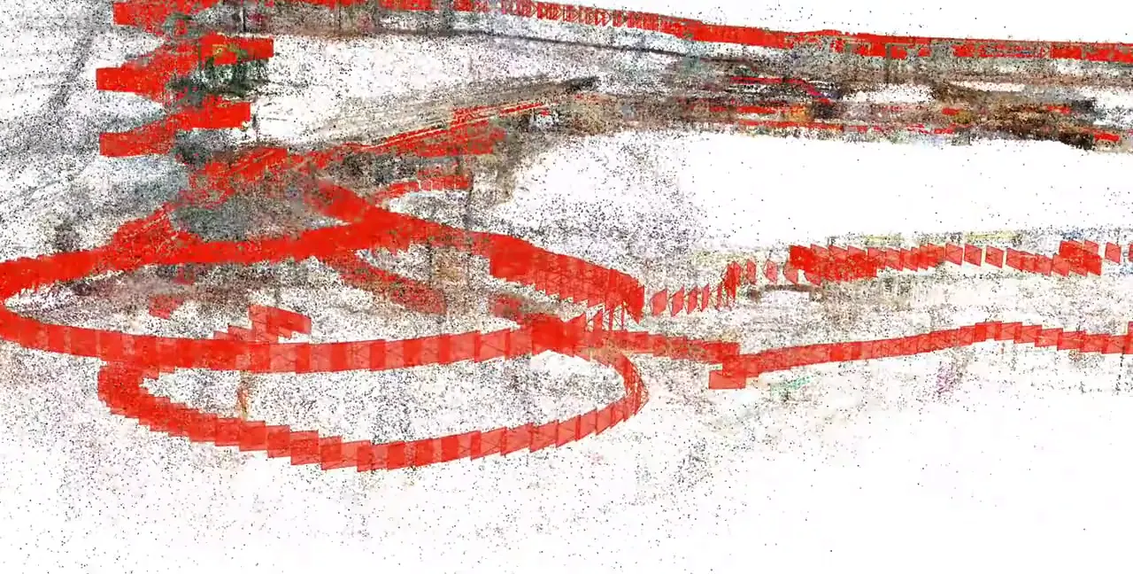 Sparse point cloud of a large indoor venue with red markers tracing the camera poses along the capture path