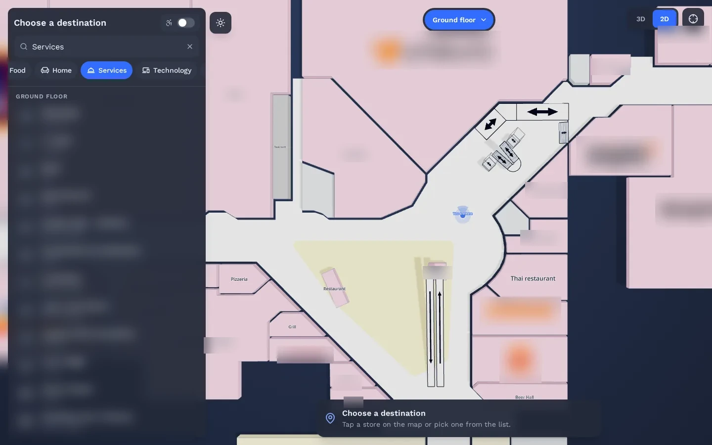 Interactive 3D Web Map of the live demo in a browser: floor plan, store list and search