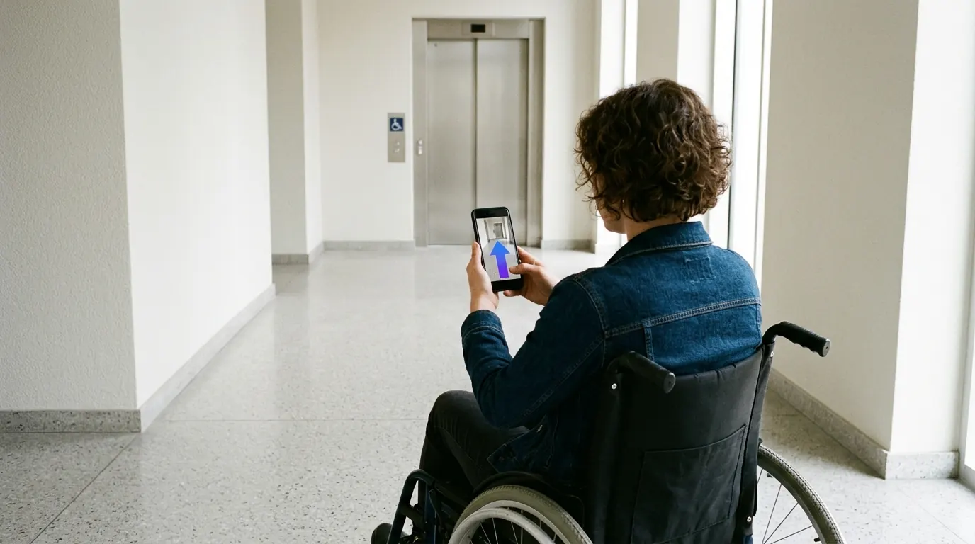 Visitor in a wheelchair following step-free AR navigation arrows toward an elevator on a smartphone