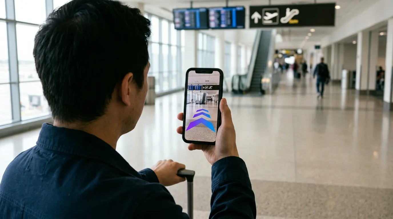 A traveler with a trolley case follows an AR arrow on his phone towards the escalators of a terminal