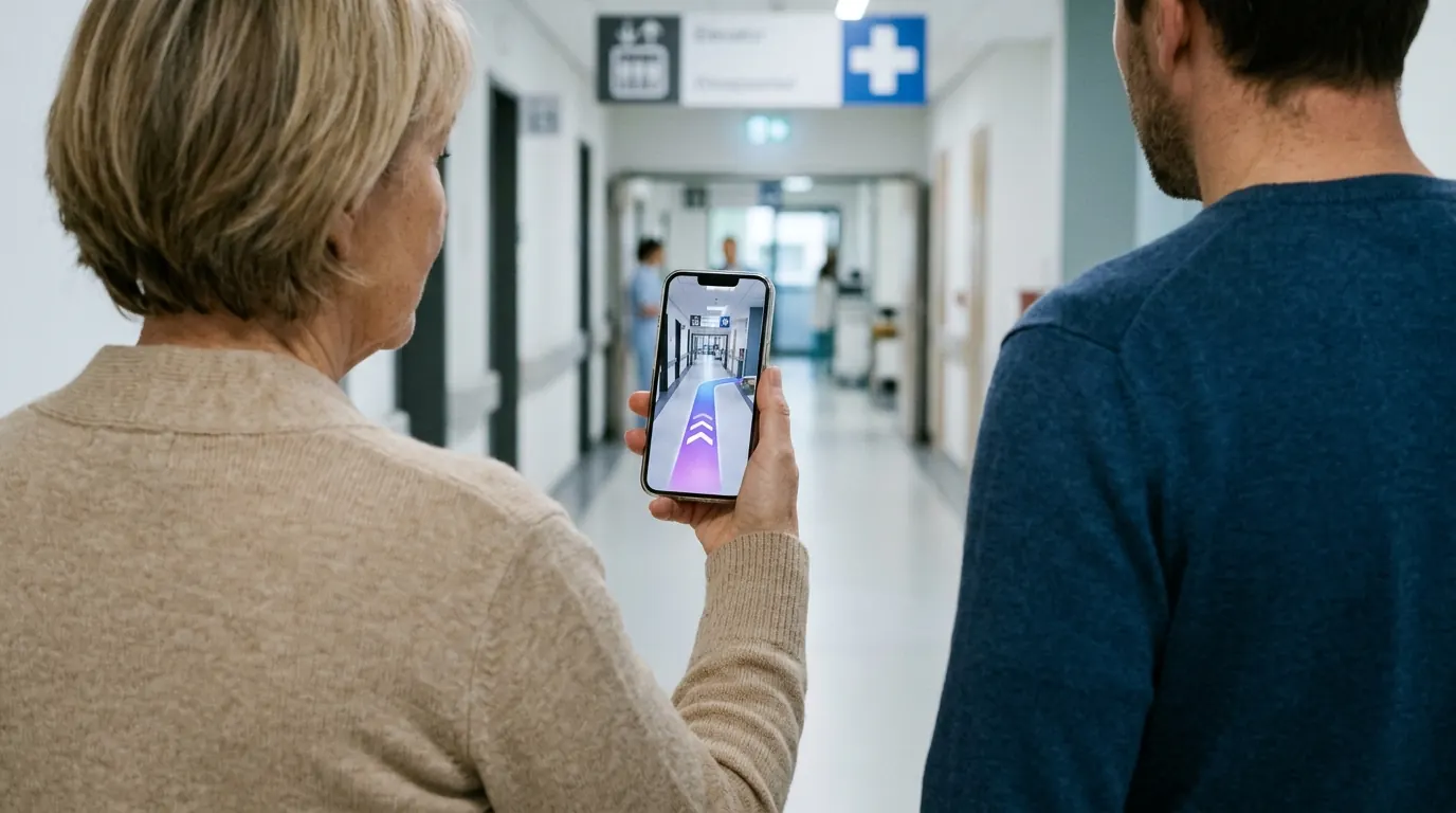 An older visitor in a hospital corridor holds a phone that shows an AR arrow on the floor, pointing toward the clinic
