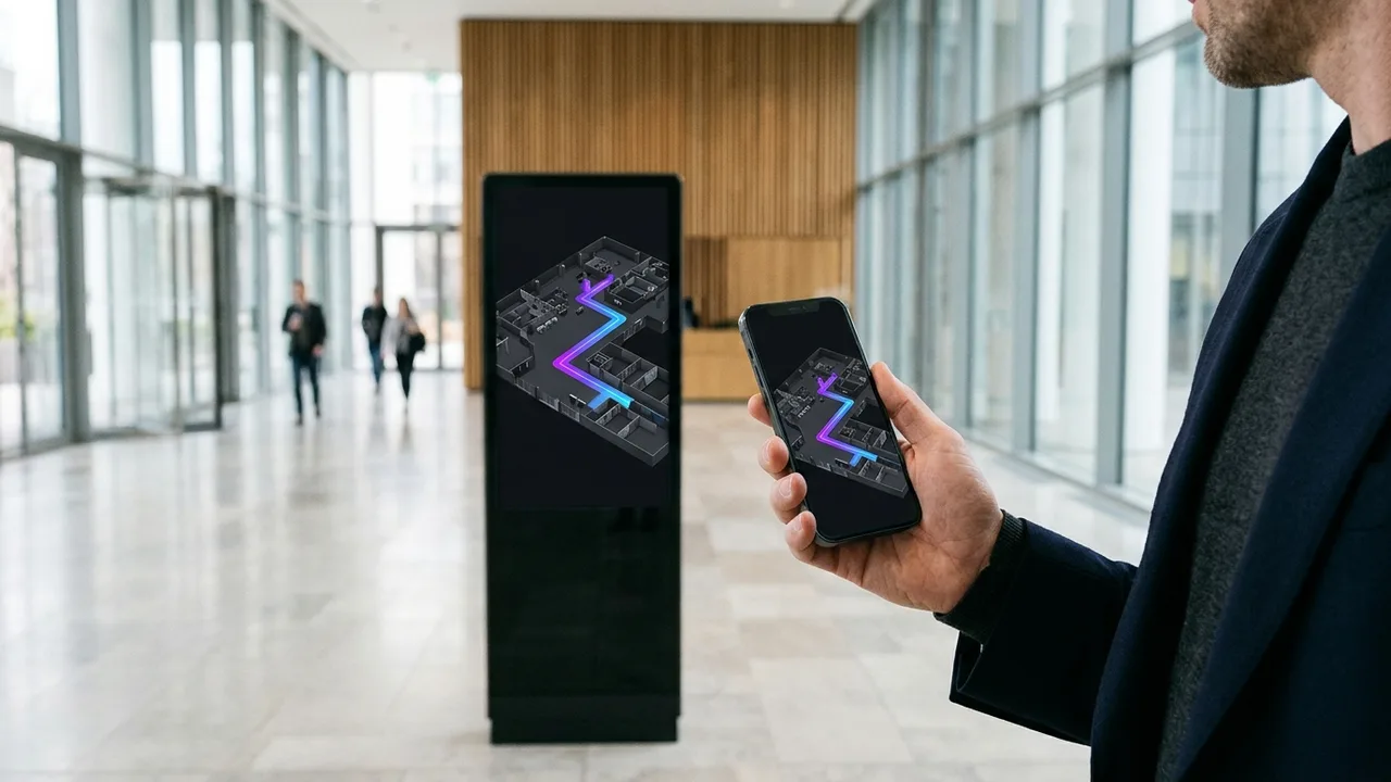 Visitor scanning a wayfinding kiosk route onto their smartphone in a modern building lobby