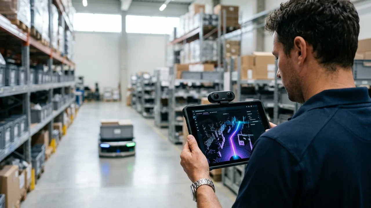 Robotics engineer walking an industrial warehouse aisle with a 360-degree camera and tablet showing a 3D point cloud