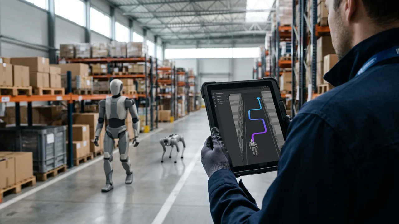 Humanoid robot and quadruped robot dog navigating an industrial warehouse aisle while an engineer monitors their trajectory on a 3D digital twin tablet