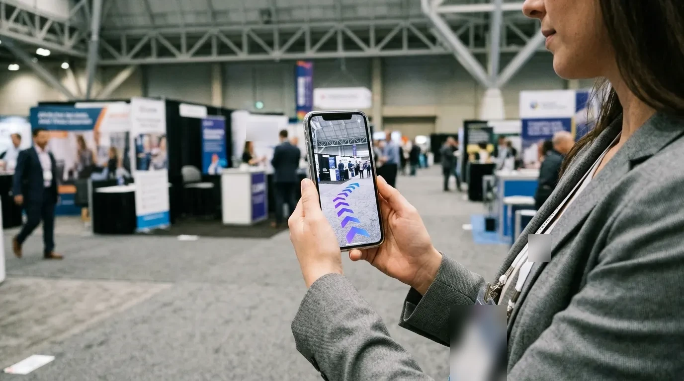 A professional with a lanyard badge follows an AR route on her phone through an exhibition hall