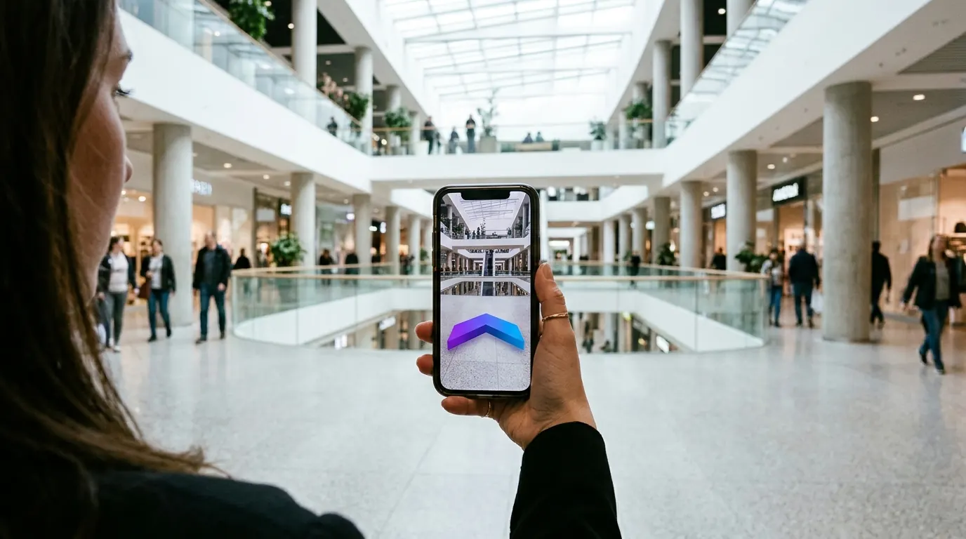 Visitor following a purple-to-blue AR navigation path on a smartphone in an indoor corridor